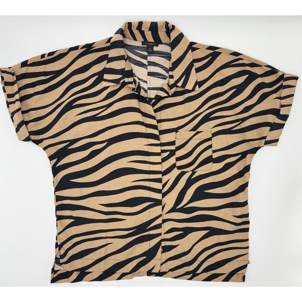 LOFT Size XS Blous Button Up Shirt Womens Black Brown Zebra Print Short Sleeve